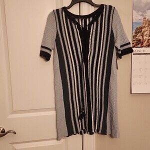 Free People Lollipop L Knit Sweater Dress Blue & White Crochet Neckline Size M